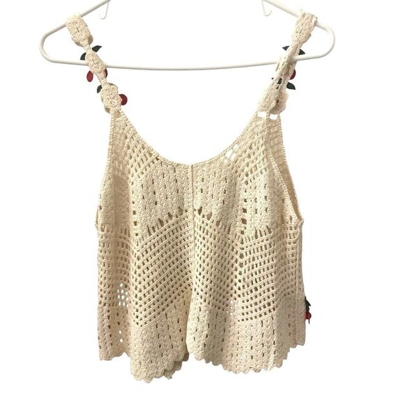 Rebellion Crochet Tank Top Cherries Cream & Red Junior’s Size Small*** - Picture 2 of 13